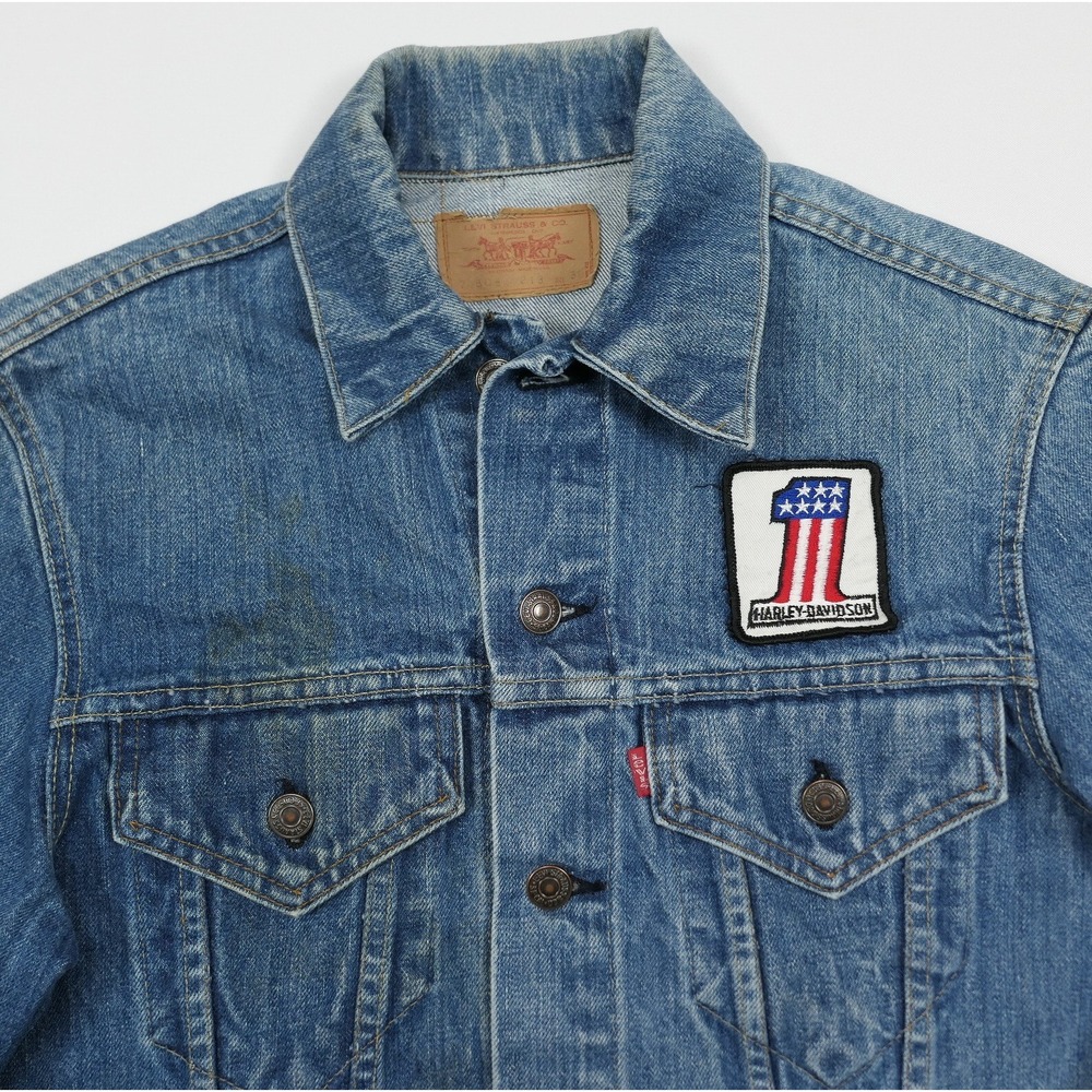 VTG Levis 70505-0213 Denim Trucker Jacket Harley Davidson Patches USA Made 38